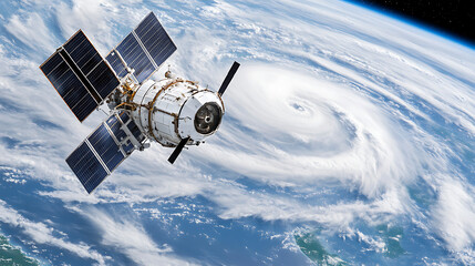 Satellite orbiting Earth with hurricane visible below