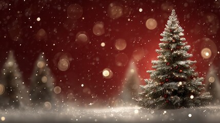 Obraz premium Red Christmas background with blurred bokeh lights and Christmas tree silhouette festive holiday backdrop for greeting card banner or web header copy space warm glowing orbs dreamy New Year ambiance