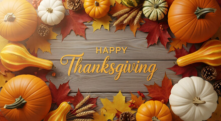 Warm Thanksgiving Greetings: A Festive Display of Pumpkins, Gourds, and Autumn Leaves on Wooden