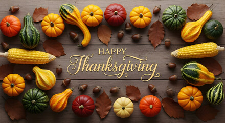 Festive Thanksgiving Still Life with Pumpkins Gourds Corn and Acorns on Rustic Wood Tabletop