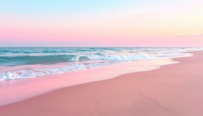Pastel pink beach scene at sunset, featuring gentle waves lapping at the shore.