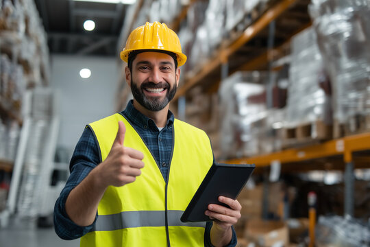 Warehouse worker with a yellow hard hat and safety vest gives a thumbs-up while holding a tablet computer, standing in front of racks.