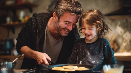 Man and a little girl are making pancakes together in a kitchen