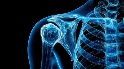 Detailed 3D render of shoulder anatomy.  Visible bones and soft tissue.  X-ray style