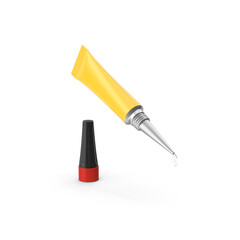 Open yellow super glue tube with black cap and drop showing , Transparent PNG image.