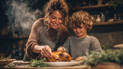 Woman and a child are preparing a turkey dinner together