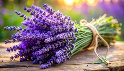 A close-up view of a vibrant bouquet of lavender blossoms, resting gently on a rustic wooden surface, bathed in warm sunlight.