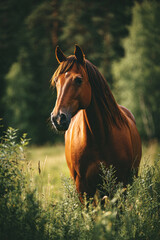 Fototapeta premium A magnificent red horse stands against the backdrop of a forest and a meadow in tall grass. Vertical image of a horse.