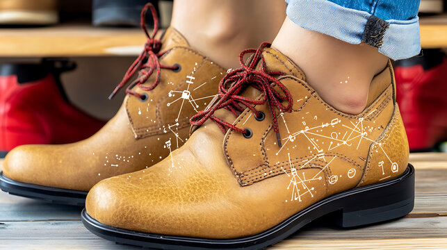 Person wearing tan leather shoes with red laces, featuring mathematical equations overlaid on the footwear - Powered by Adobe