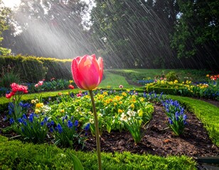 Vibrant tulips in a spring garden under rain