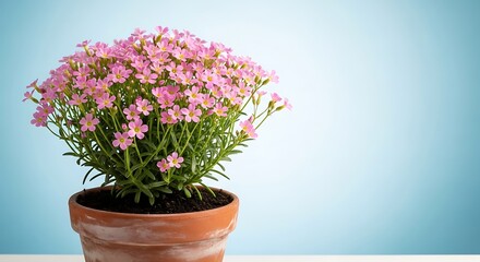 Pink flowers in a terracotta pot against a blue background.