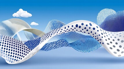 Wavy patterned bands float against a blue sky with fluffy clouds overhead