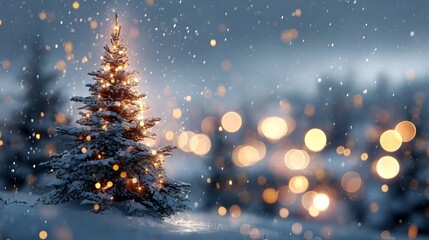 Dreamy Christmas bokeh lights on snowy tree background, soft glowing orbs and falling snow, festive winter holiday backdrop for greeting cards banners and web headers with copy space