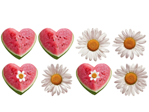  fruit and flower combination, watermelon slices in the shape of hearts with daisy flowers on a transparent background,.png