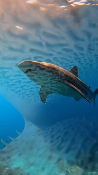 Close up of a shark mouth with sharp teeth underwater.