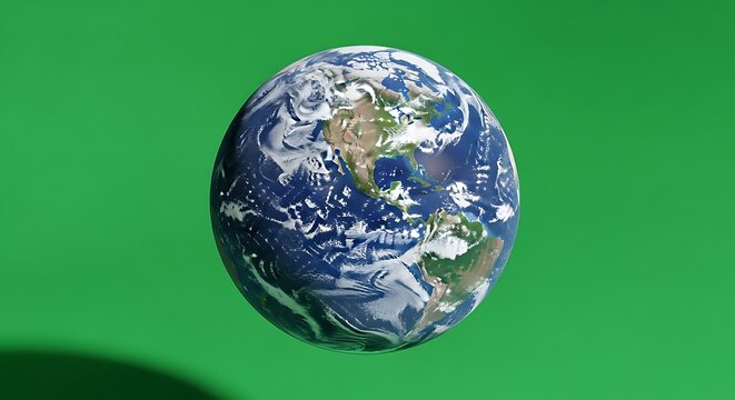 Planet Earth globe floating against a solid green screen background.