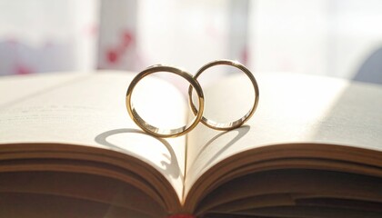 Golden Wedding Bands Resting on Open Book in Bright Sunlight