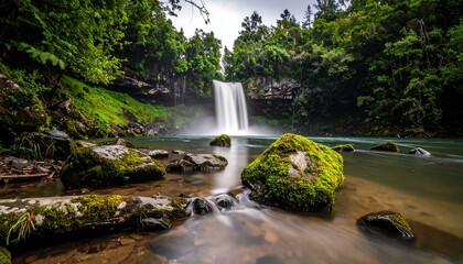 Waterfall cascading into a tranquil pool surrounded by lush forest