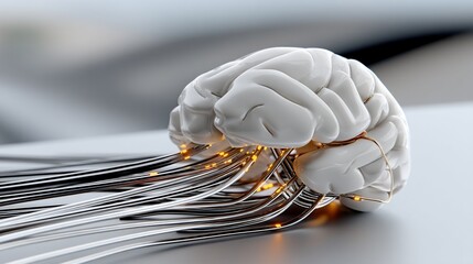 White brain with wires. Neural connections. Artificial intelligence concept