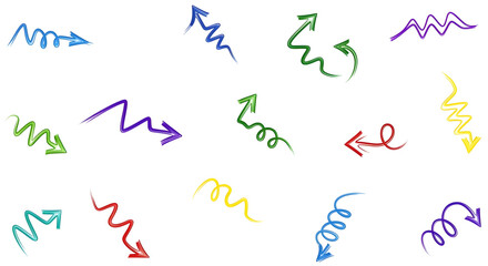 Vibrant hand drawn arrows in diverse colors point in multiple directions, perfect for design and navigation