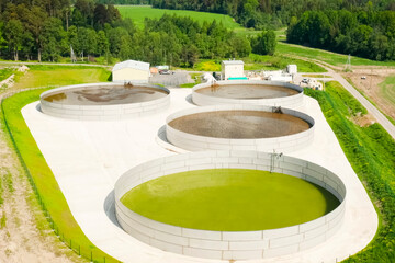 Manure treatment tanks at biogas, production factory.