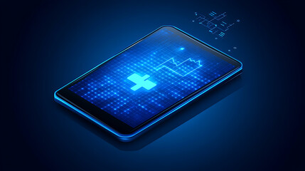 Digital tablet displaying medical data with a glowing blue cross and heartbeat line on a futuristic interface