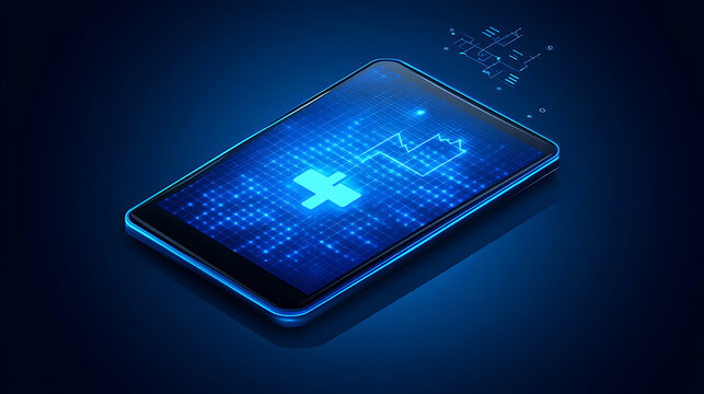 Digital tablet displaying medical data with a glowing blue cross and heartbeat line on a futuristic interface - Powered by Adobe