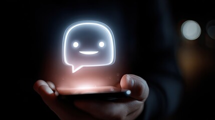 Hand holding phone with glowing chat icon