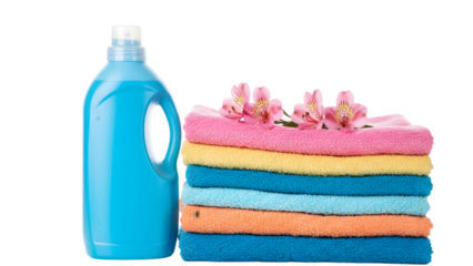 Freshly laundered towels stacked neatly with pink flowers and a bottle of detergent isolated isolated on transparent background