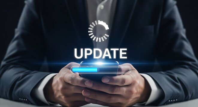 Man updating software on smartphone in business suite setting