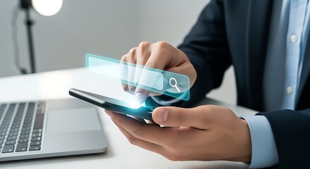 Man using smartphone searching with virtual search bar overlay