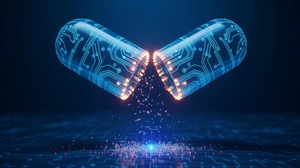 Digital capsule with circuit board pattern for pharmaceutical technology concept