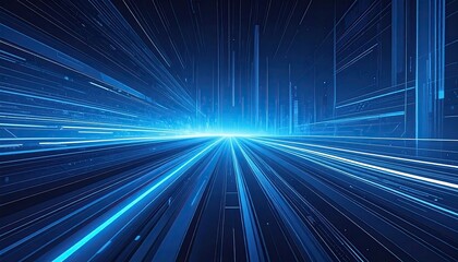 Abstract Blue Light Streams on Dark Background with Lines and Dots Flowing to Center Digital Data Visualization
