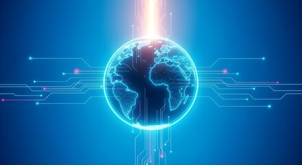 Obraz premium Technology background Glowing digital Earth with data streams and circuits on a blue background Keywords: earth, globe