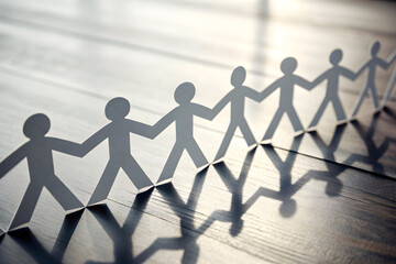 Paper chain people holding hands in a line with shadows
