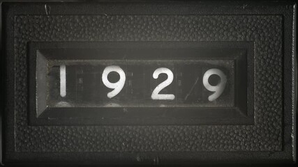 Vintage counter scrolls from 1926 to 1929, slowly landing on 1929. Retro numeric display symbolizing history, countdown, and the onset of the Great Depression era.