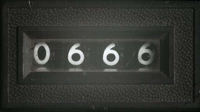 Close-up of a vintage mechanical counter scrolling to land on the number 0666. Symbolic of superstition, fear, mystery, or retro technology.