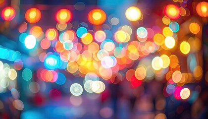 Fototapeta premium Abstract Blurred Background with Bokeh Lights in Blue Orange and Red Hues Festive and Warm Vibe Soft Focus for Holiday Season Celebrations