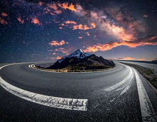 Winding road leading to a mountain under a starry night sky