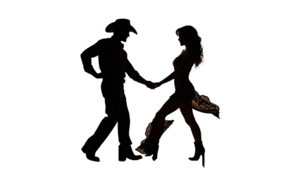 Silhouette of girl and boy dancing couple isolated on white background