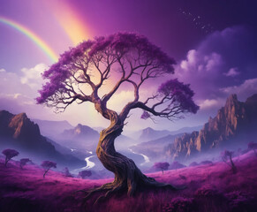 Rainbow branching in purple sky, fantasy world