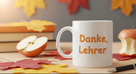 White coffee mug with German teacher appreciation message among autumn harvest