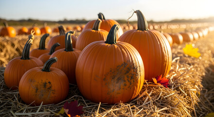 Autumn abundance: A vibrant pumpkin patch bathed in golden sunlight on hay bales