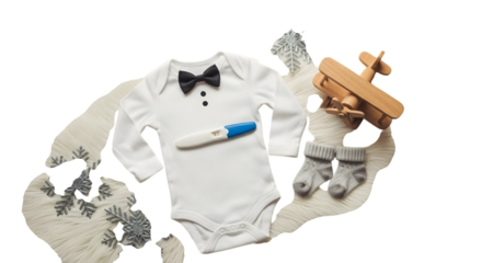 Baby bodysuit with bowtie and pregnancy test isolated on transparent background, announcing the arrival of a baby