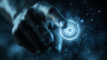 A hand scanning fingerprint on a transparent digital surface.