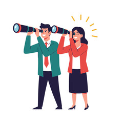 Obraz premium Business professionals looking into the distance through a telescope searching for future opportunities and growth