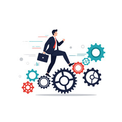 Successful businessman climbing gears as metaphor for career progression and business growth opportunities