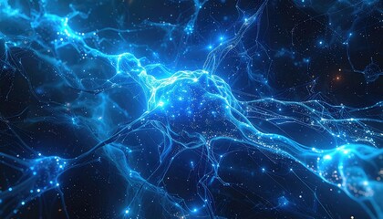 Fototapeta premium Abstract Electric Blue Veins and Nodes Network in Deep Space Science Concept
