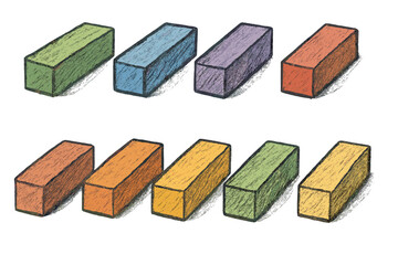 Set of colorful rectangular blocks in a hand-drawn charcoal pencil sketch style. Vector illustration of colored chalk pastels. Art supply collection for creativity and drawing.