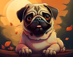 Cute pug in autumnal setting